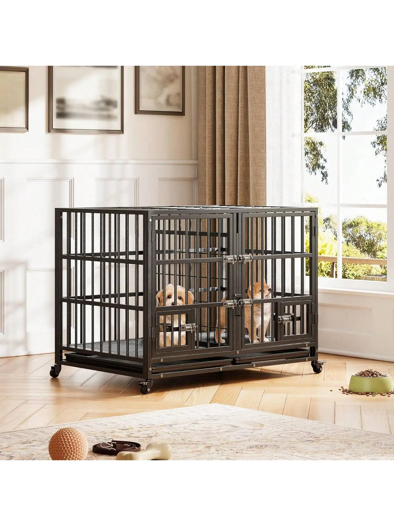42 Inch Metal Dog Crate Heavy Duty Divider Double Door Adjustable Dividers Wheels Removable Tray