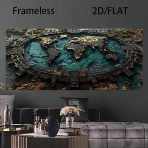 1 piece of modern world map canvas painting wall decoration - ancient city and continent design in blue-green and gold, bedroom and office decoration 2D flat printing frameless painting