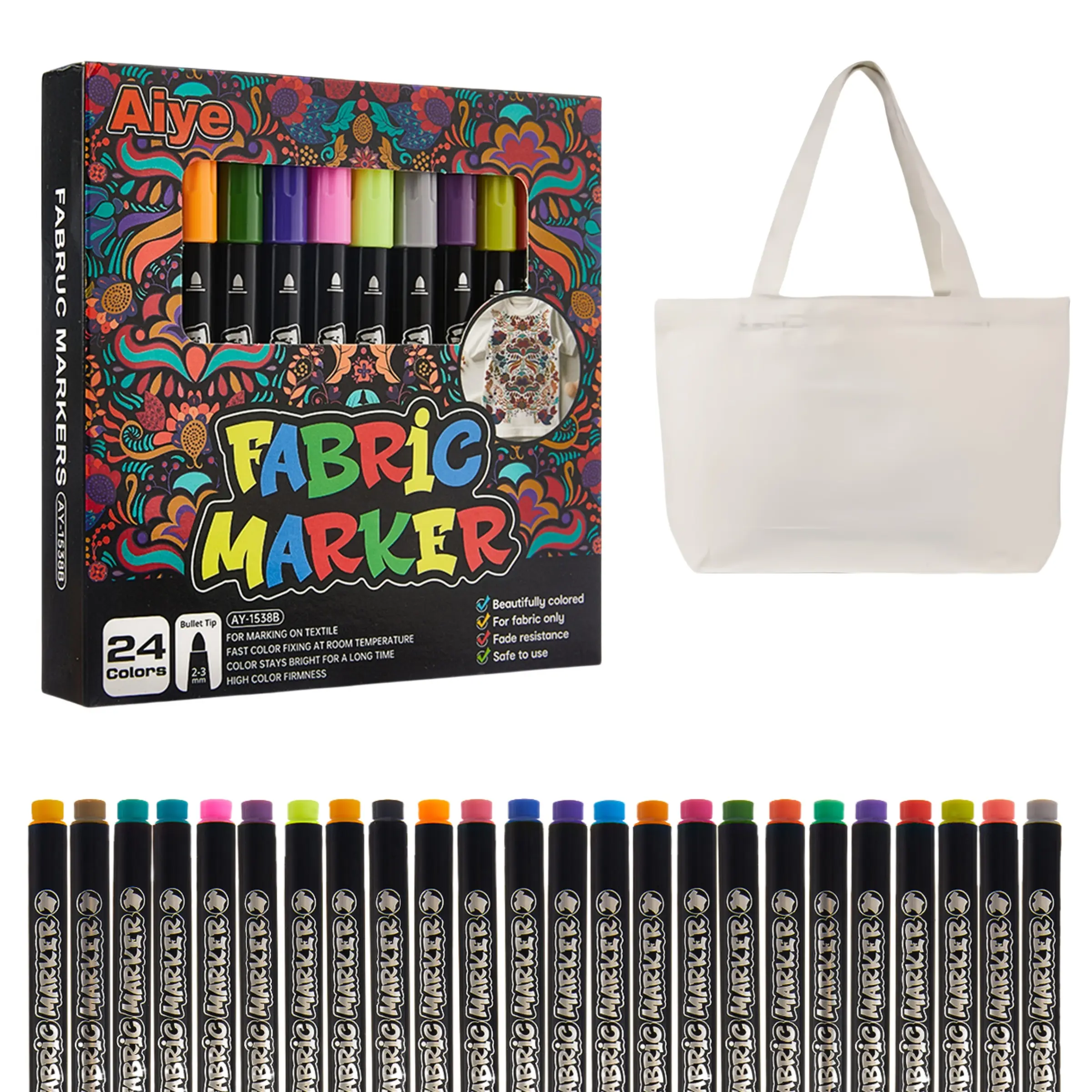 24 Color Fabric Markers Set with Canvas Bag, Quick-Dry Non-Fading DIY Art Pens, Coloring Markers, DIY Art Design, Perfect for Cloth Crafts, Shoes, Clothing, Books, Art Supplies, Art Materials, Arts Crafts Supplies