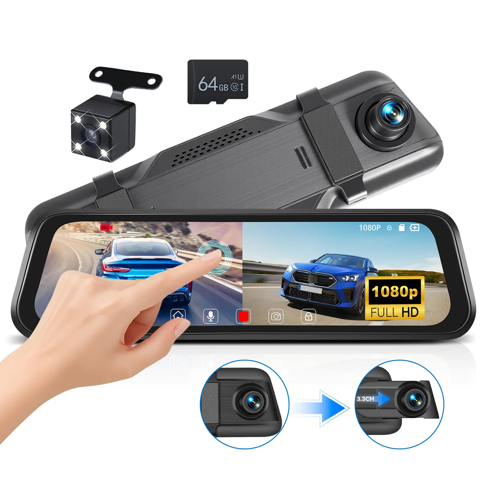 9.66-in Dashcam, Front and Rear Dual Camera for Cars - 1080P IPS Touch Screen, 150° Wide Angle, Loop Recording, Reverse Assist, 4-LED Backup Camera, Micro SD Compatible, Car Accessories, Vehicle Accessories