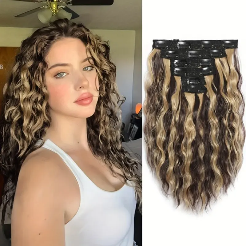 Clip in Hair Extensions for Women 6 PCS With 13 Clips Hair Extension 14 Inch Blonde Mix Brown Curly Wavy Thick Soft Natural Looking Synthetic Hairpieces Short Water Wave for Daily Party Wear(Black/Brown/Blonde/Highlight)