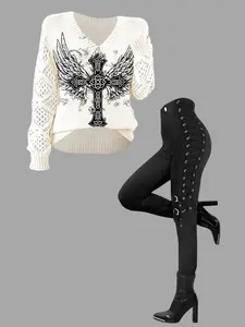 DRESSLILY 2025 Women's Gothic Outfit Cross Wing Butterfly Print Hollow Out Sweater and Grommet Buckle Lace Up Leggings Elastic Waist Punk Skinny Pants Matching Set