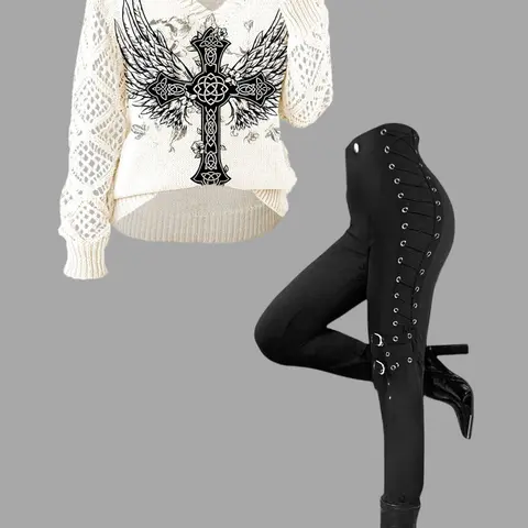 DRESSLILY 2026 Women's Gothic Outfit Cross Wing Butterfly Print Hollow Out Sweater and Grommet Buckle Lace Up Leggings Elastic Waist Punk Skinny Pants Matching Set