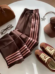 A women's wine red high-waisted slim-fit loose straight-leg fashionable casual sports versatile pants, suitable for summer, daily outings, and home wear.