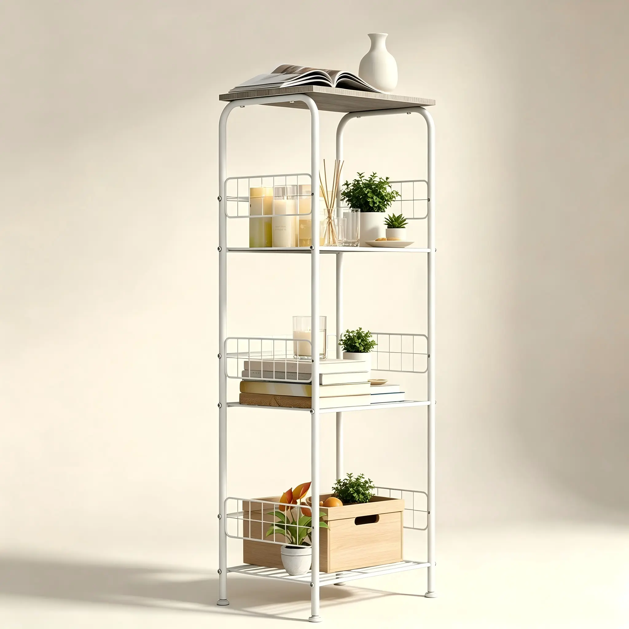 Matte White Metal 4-Tier Freestanding Storage Rack with Wooden Tabletop & Side Mesh Fence, Smooth Easy-Installation Organizer for Bath, Room & Small Spaces, Holds Containers & Plants, Narrow Frame