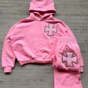 Savior Pink Set - Hoodie with Embroidered Cross Design & Matching Sweatpants for Cozy Style