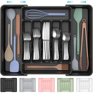 Expandable Silverware Organizer,  -Safe Cutlery Flatware Organizer, Kitchen Utensil Drawer Organizer, Adjustable Silverware Holder for Spoons Forks , Black