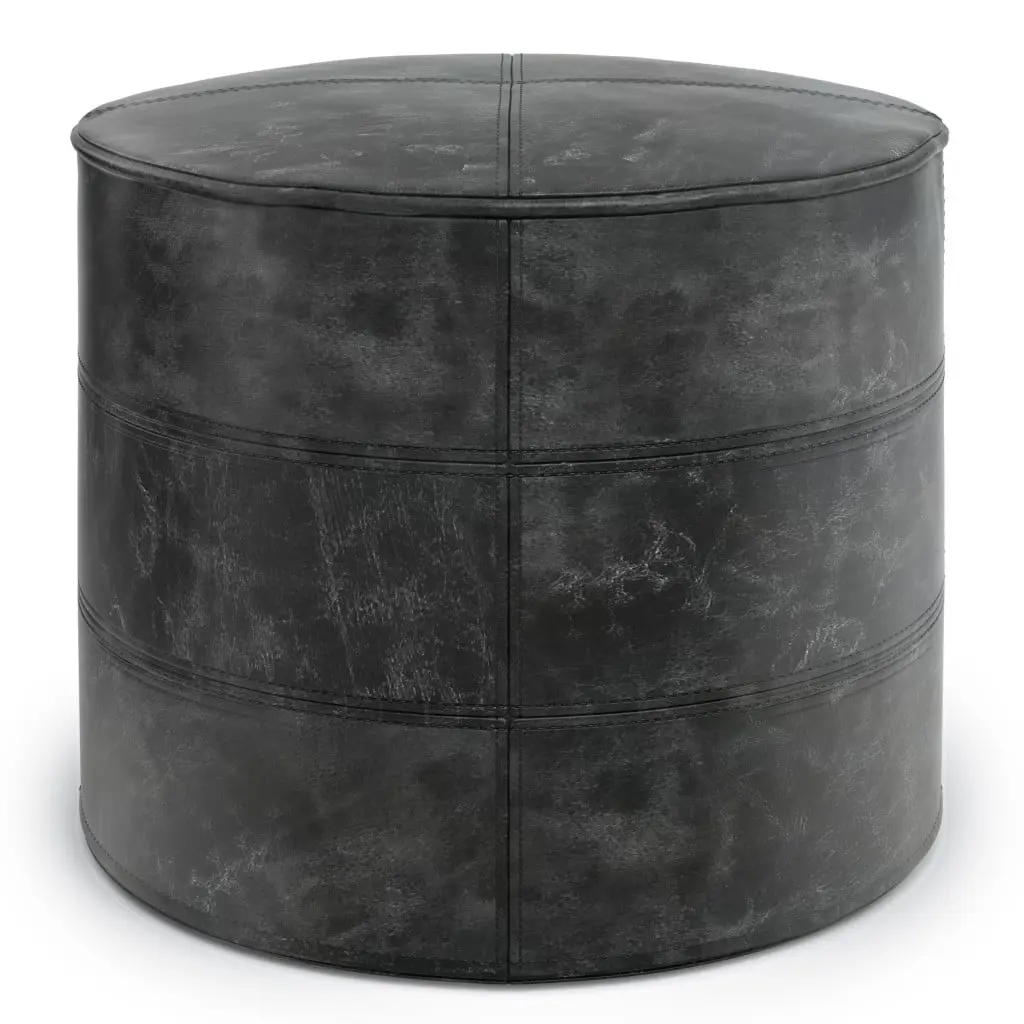 HomeRoots 638580 Black Leather Round Pouf Ottoman - 14 in H x 18 in W x 18 in D, Footrest, Extra Seat, Cushion, Space-Saving Leather Interior Living Room Furniture