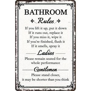 8x12 Inch Aluminum Metal Sign - Bathroom Rules Ladies & Gentlemen - Funny Retro Bathroom Wall Decor for Home, Apartment, Restroom, Office, Bar, Pub, and Guest Bathroom - Humorous Toilet Art Plaque for Gag Gifts & Housewarming Presents
