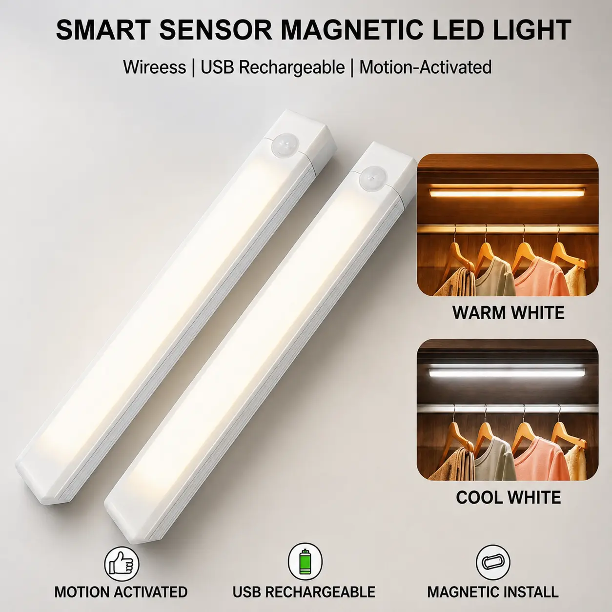 30CM Under Cabinet Lights – Rechargeable Motion Sensor LED Light, Magnetic Punch-Free Installation, Smart Motion Activated Lighting for Kitchen, Closet, Wardrobe, Stairs, Pantry & Garage