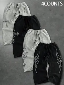 Spring & Fall New Casual Sport Pants Set, Loose Drawstring Straight Leg, Unisex Lightweight Multi-Purpose Bottoms, Athleisure Pants, 4 Pairs Pack