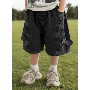 Boys' summer distressed patchwork denim shorts, black children's summer fashion workwear style knee-length shorts, perfect outdoor wear