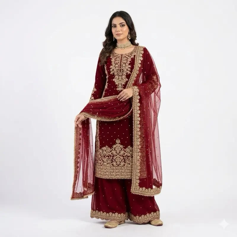 Bridal Embroidery Attire in Rich Maroon with Gold Accents and Beaded Details for Special Occasions Elegant Design High-Quality Fabric Flattering Fit