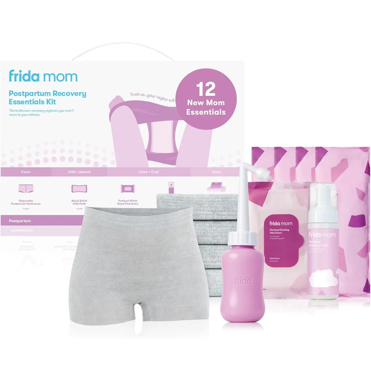 11pc Postpartum Essentials Kit Gift Set, Hospital Bag Must Haves for New Mom, Includes 4 Disposable Postpartum Underwear, 4 Ice Maxi Pads, Perineal Healing Foam & 24 Pad Liners & Peri Bottle