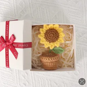 Small Sunflower Crochet Gift Box with Sunflower and Green Leaf, Includes Red Ribbon and Decorative Elements