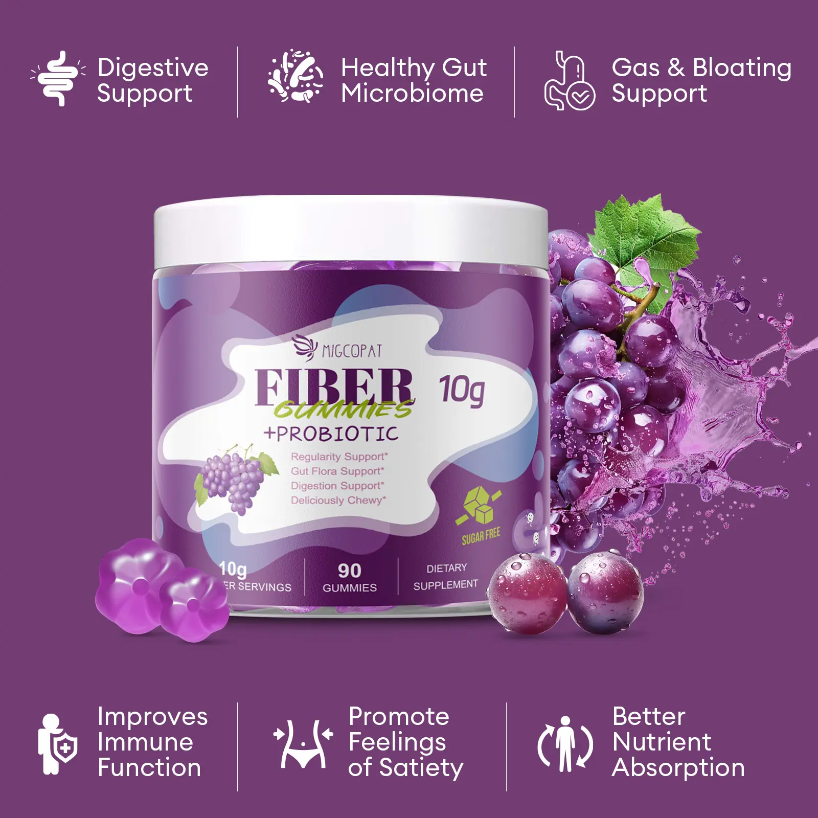 Digestive Support for a Healthy Gut Wellness Balance Fiber Gummies with Prebiotics, Postbiotics,and Probiotics,Vitamin C, B12, and Grape Fiber Gummies | Supports Bloating Relief | Gluten-Free, Vegan, Non-GMO, Healthcare Dietary Edible Natural #SummerVibes