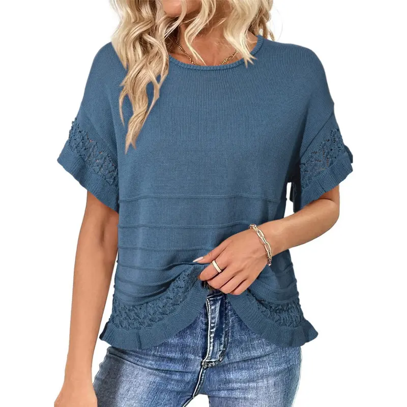 Dokotoo Women’s Short Sleeve Sweaters Tops Oversized Summer Casual Ruffled Hem Knit Pullover Cute Solid Color Crochet Blouses