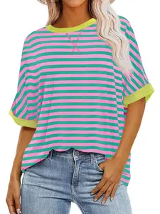 Aswulk Womens Tops Casual Oversized Short Sleeve Sweatshirt Summer Striped Shirt Crewneck Pullover Loose T Shirts Blouse