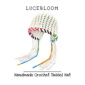 【LUCE&LOOM】Boho Rainbow Tassel Beanie | Handmade Knit Straw Hat | Cute & Trendy Headwear for Music Festival & Vacation