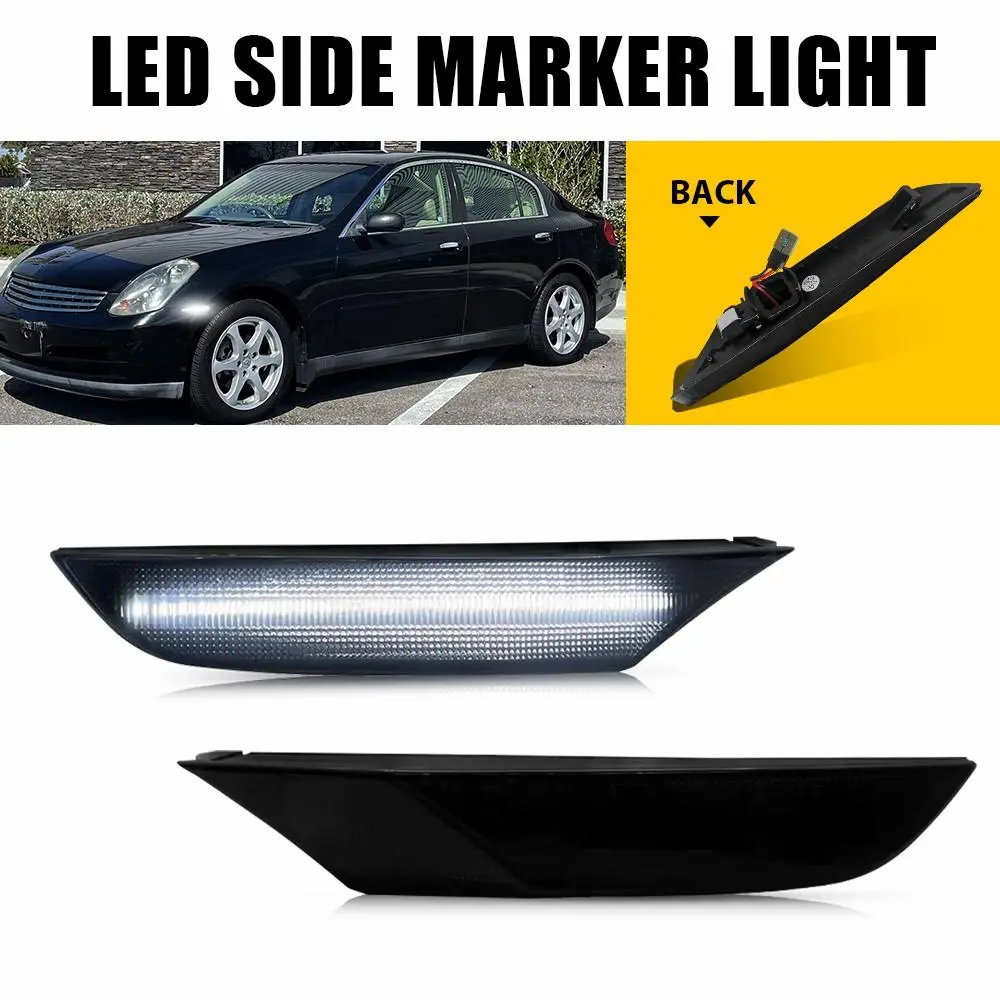 AUTOONE LED Lights Car Front Bumper Side Lamps for 2003-2006 Infiniti G35 4D Sedan, Smoked Lens, White Light, Always On, IP67 Waterproof, 2pcs Pair Set