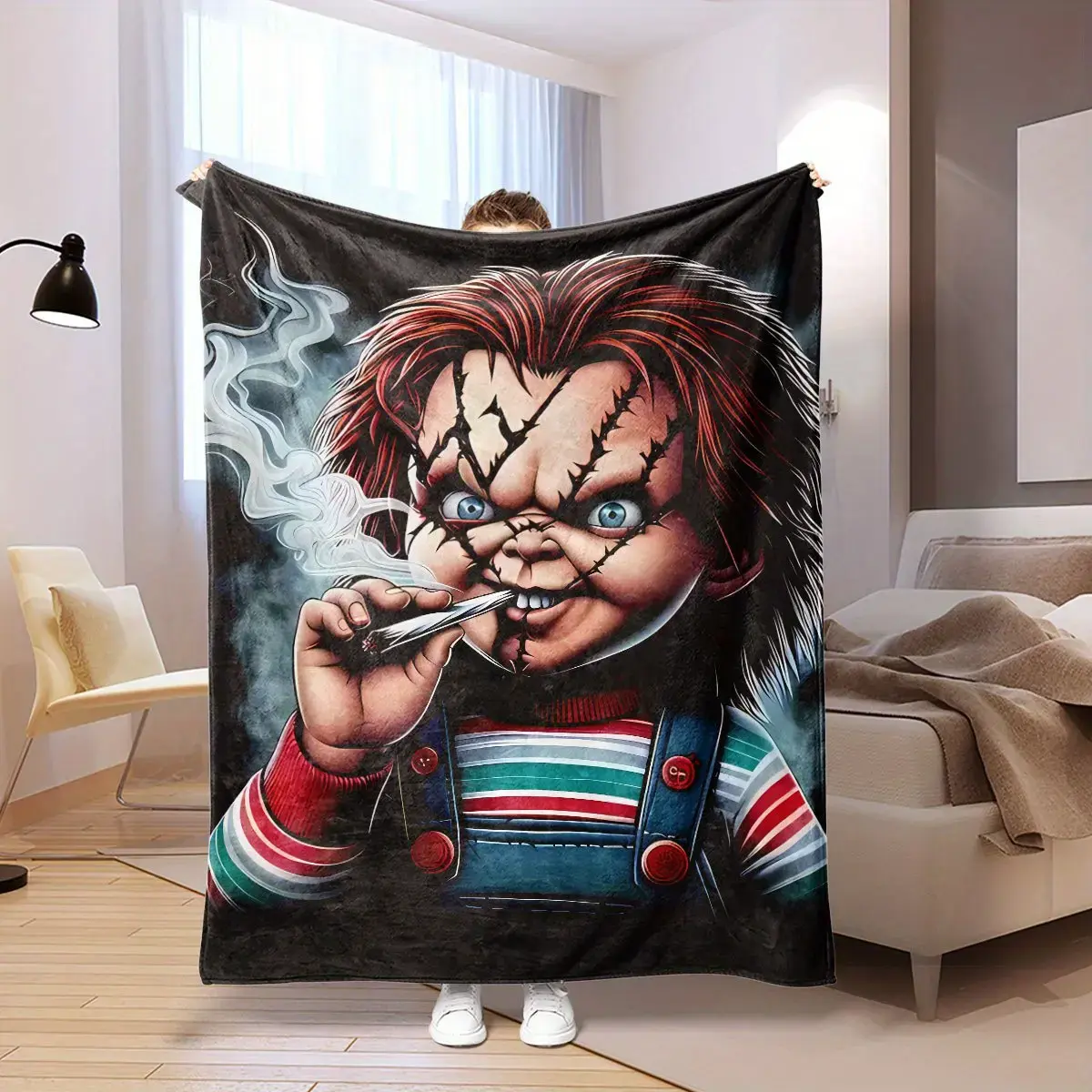 Horror Movie Chucky Themed Print Flannel Blanket, Super Soft Plush Thin Quilt With Creepy Character Artwork, Cozy Throw For Home Office Travel Sofa Bed, Slasher Movie Night Blanket And Spooky Fan Room Accent