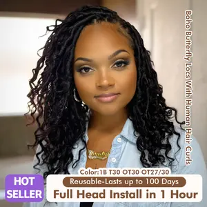 Toyotress Boho butterfly Locs with Human Hair Curls 12-18 Inch 8 Packs(80 Strands) Faux locs with Human Hair Curls (80 Strands) Pre-Looped Tighter Butterfly Locs With Human Hair Curls/30 days return without install/