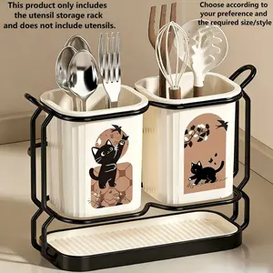 1 Pc Carbon Steel Kitchen Utensil & Knife Holder with 2 Utensil Buckets, 2-in-1 Countertop & Wall-Mounted Storage Organizer, Removable Drip Tray, Cute Cat Pattern Design, Durable. Perfect for Storing Knives, Chopsticks, Spoons, Forks & Cooking Tools.