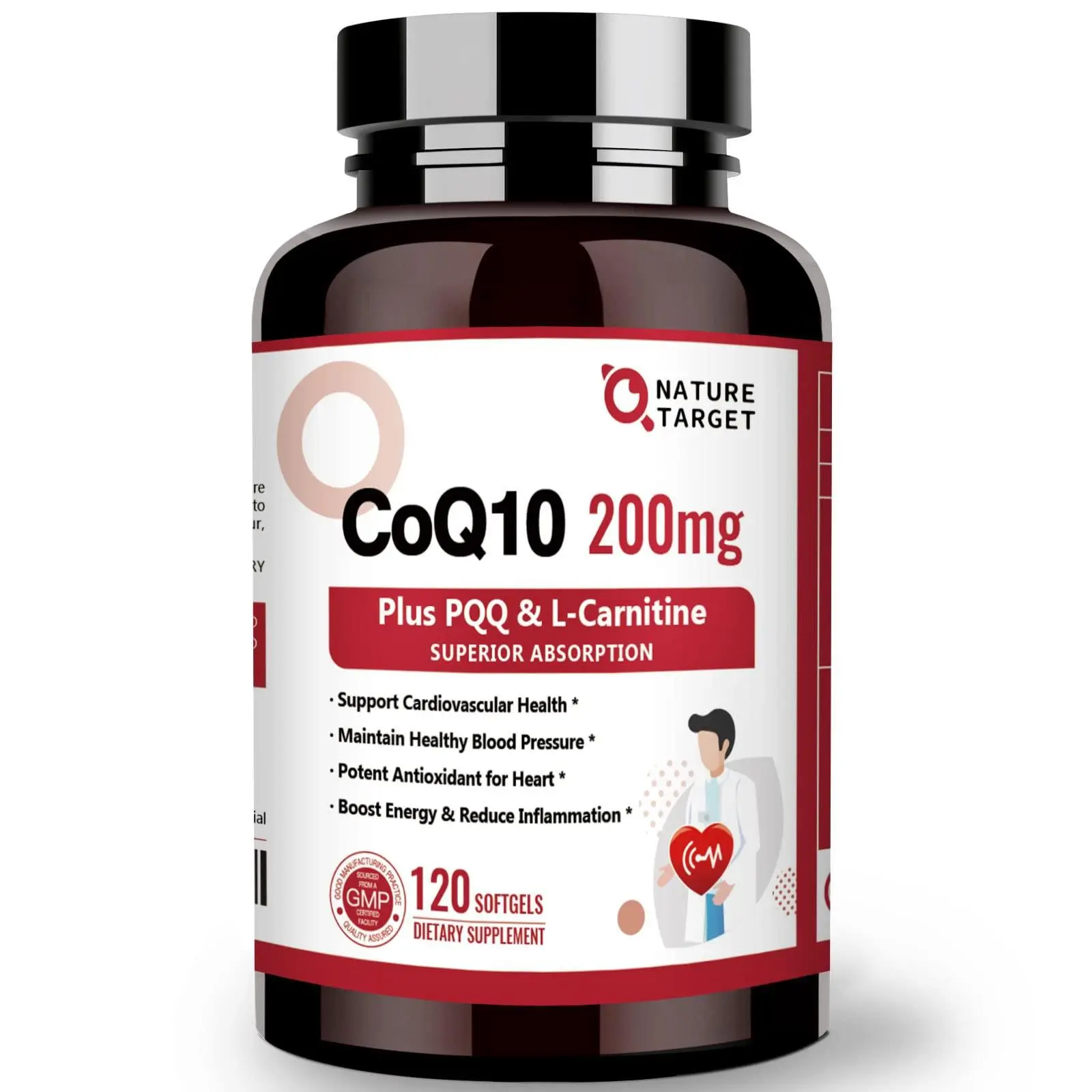 Nature Target CoQ10 200mg with PQQ L-Carnitine & Omega-3s, High Absorption Coenzyme-Q10 with BioPerine