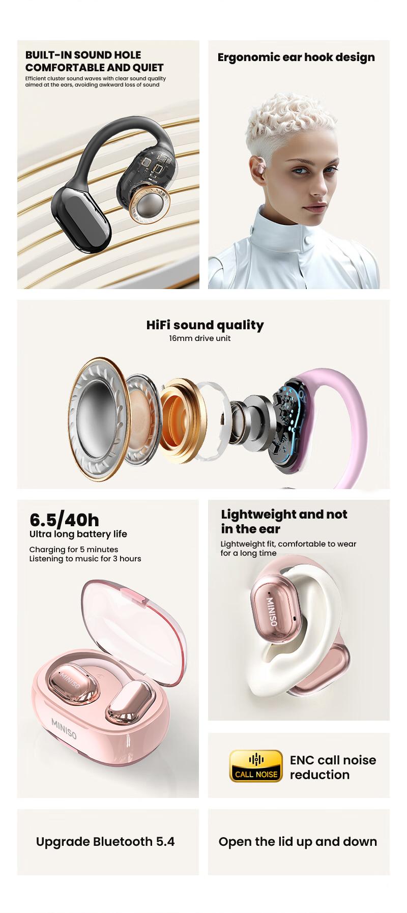 MINISO OWS True Wireless Bluetooth Headphones X39, Open Ear Earphones with MIC Earbuds with Charging Case, HiFi Sound for Sport Headsets,Free Lanyard