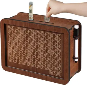 Creative Cash Vault Wooden Savings Box – Piggy Bank for Kids & Adults with Writable Target Panel and Erasable Pen, 10000 Savings Challenge Box, Ideal for Boys & Girls, Cultivate Financial Habits