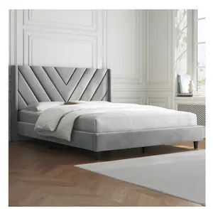 Full Size Upholstered Platform Bed Frame with Tufted Headboard, Light Gray, Adult