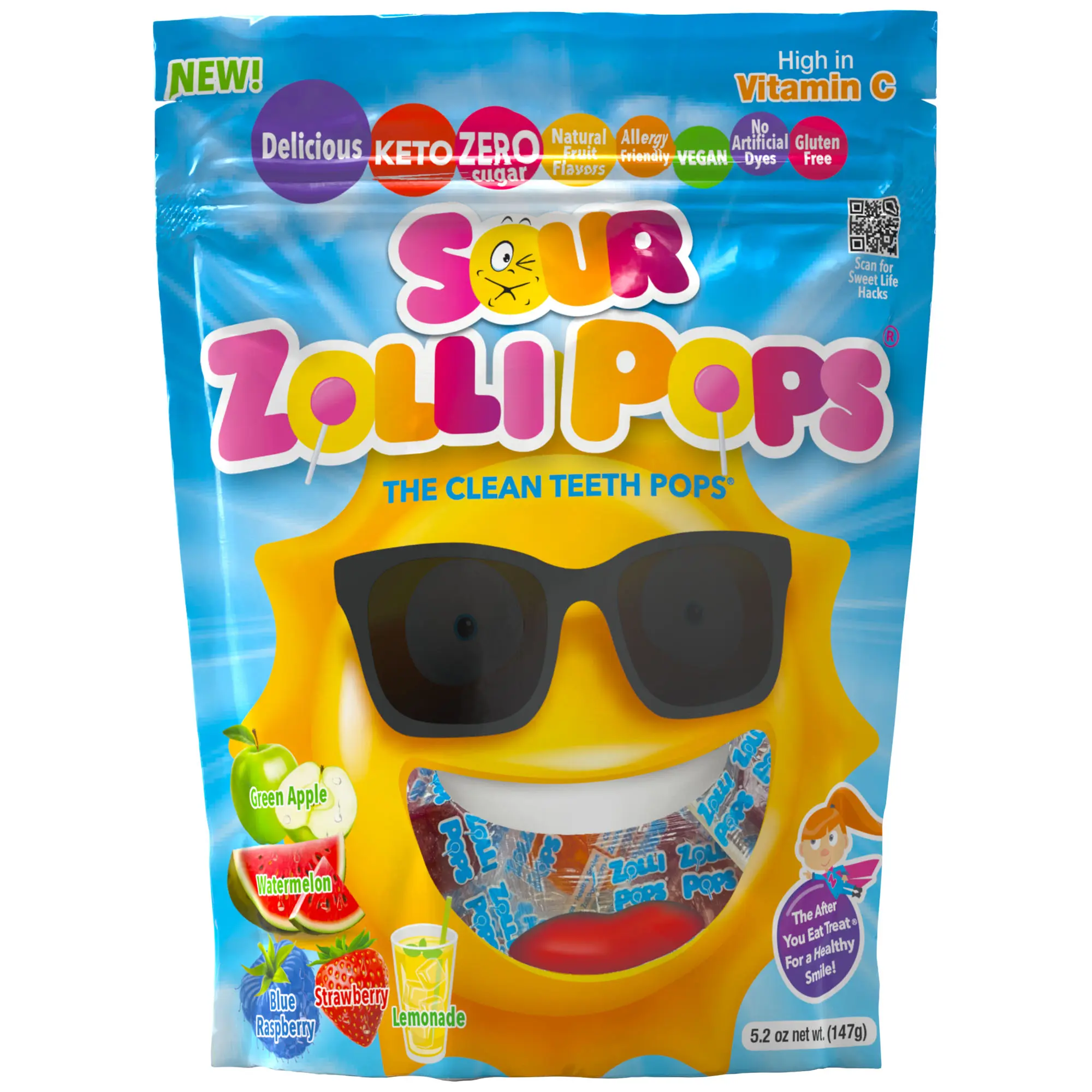Zollipops Sour Assorted Fruit Spring and Easter 5.2oz Pouch Delicious, Zero Sugar, Sugar Free, Vegan, KETO, Gluten Free, Allergy Friendly, No Artificial Dyes, Kosher, Clean Teeth Candy Sweet Snack Sour Variety Pack Sour Strawberries