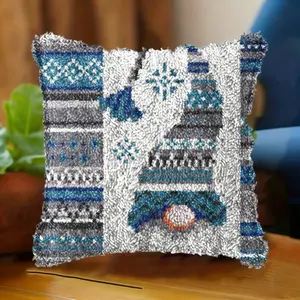 Latch Hook Kit for Adults, Latch Hook Gnome Pillow Case Kits, DIY Latch Hook Cushion Kits 17X17Inch, 43x43cm Cross Stitch Embroidery Kits Cushion Making Kits Home Decor 43x43cm- Blue Gnome