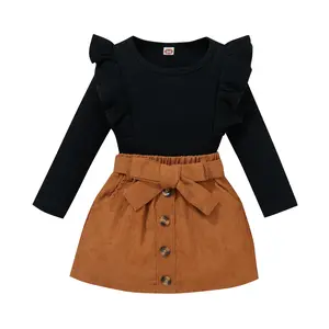 Toddler Baby Girl Outfit Long Sleeve Knitted Ribbed Tops + Bowknot Waistband Buttons Skirt 2pcs Winter Spring Clothes Set
