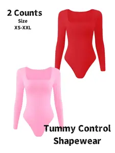 Women's Long Sleeve Smooth Shapewear Bodysuit, Thong Design, Square Neck Slimming Tummy Control, Ladies Underwear & Shapewear，Women's seamless shapewear