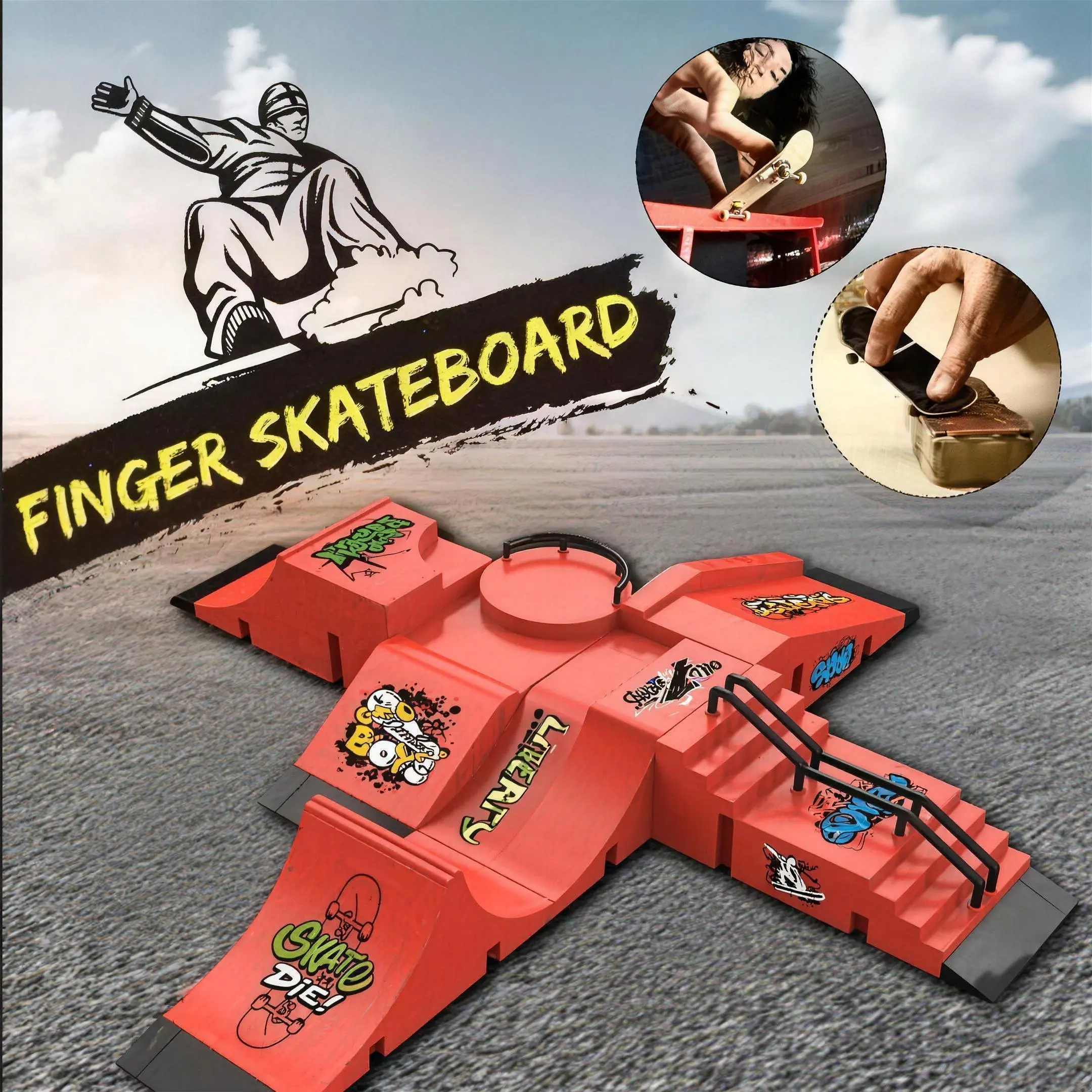 6-in-1 Mini Fingerboard Skate Park Kit, Fidget Toy for Skate Lovers, Enhances Fine-Motor Finger Skills, Compatible with Scene Accessories for Competitive Training