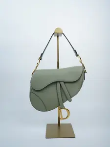 Pre-owned Dior calfskin Shoulder Bags Christian Grained Saddle Bag Sage Green