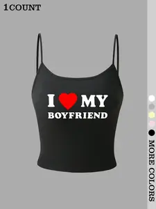 Valentine's Day Boyfriend Crop Top, Casual Cami Top, Casual Tank Top, Adjustable Spaghetti Strap, Graphic Print, Fitted Casual Style, Perfect for Date Night, All Seasons Wear