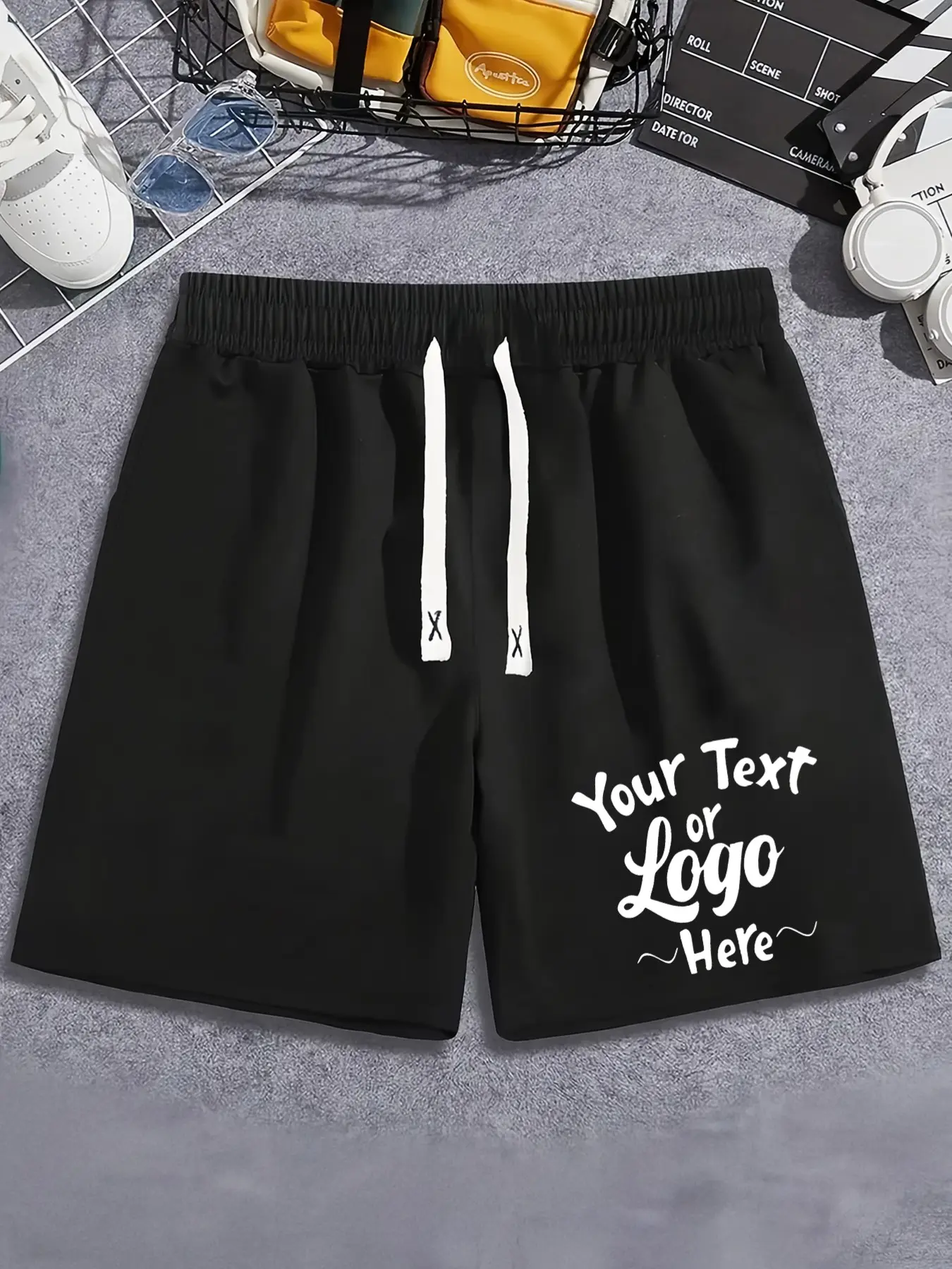 Men's Custom Logo/Text Casual, Sporty Shorts, Breathable Printed Shorts - Personalized Print Black Drawstring, Customizable Streetwear for Business, Events, Soft Breathable Loose Fit, For Summer, Sports, Durable Fade Resistant Fabric with Pocket