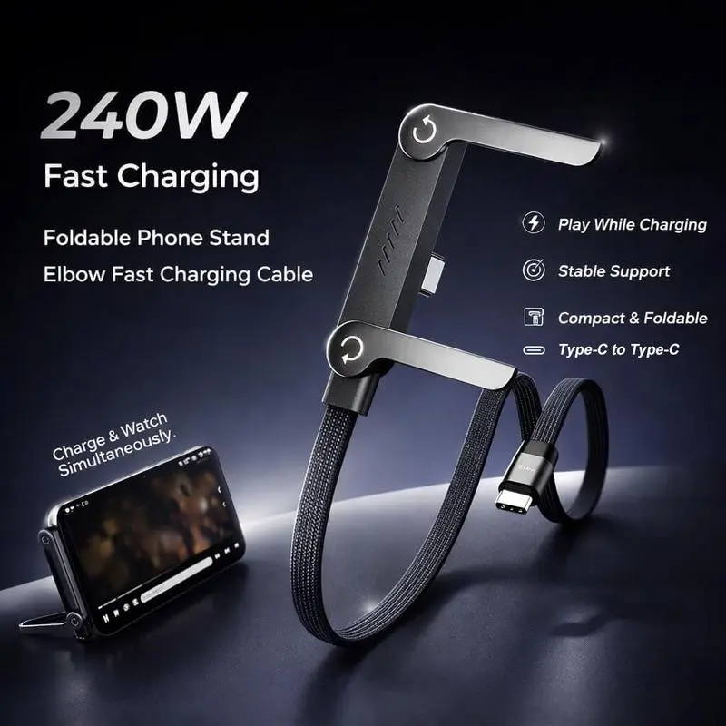 240W Super Fast Charging 2-in-1 Type-C Smartphone Cable with Hidden Invisible Stand, Multi-Purpose Car Interior Phone Holder Cord for Gaming, Travel, Black