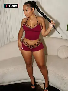 Women's Leopard Patchwork Print Contrast Faux Fur Halter Crop Spaghetti Strap Top & Shorts, Casual Tie Back Sleeveless Top & Shorts for Summer, Ladies Clothes for Beach Holiday Vacation, Womenswear, Cute Clothes Set, Matching Clothing Set