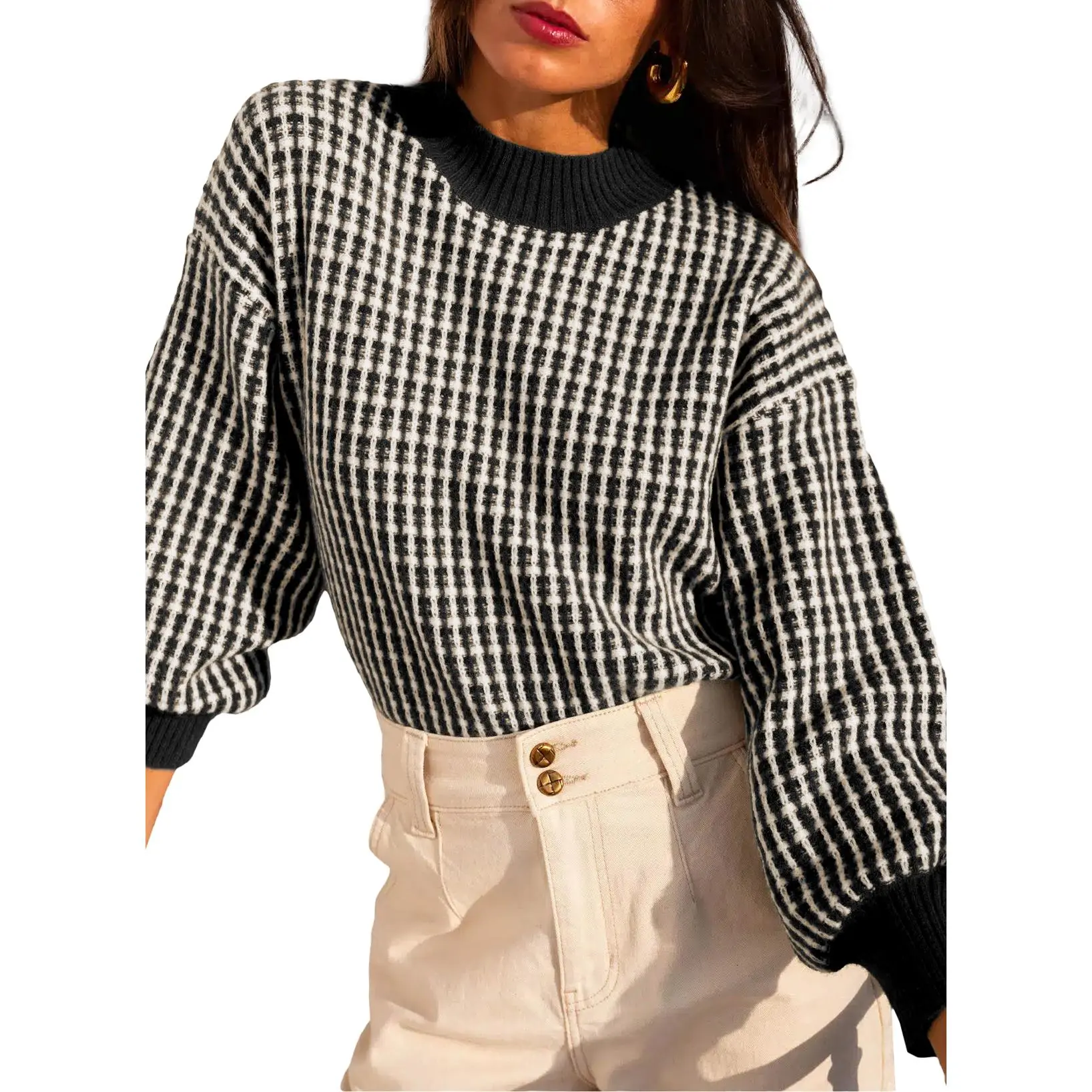 EVALESS Textured Striped Oversized Sweater, High Stretch Lantern Long Sleeve Crew Neck Loose Knit Pullover