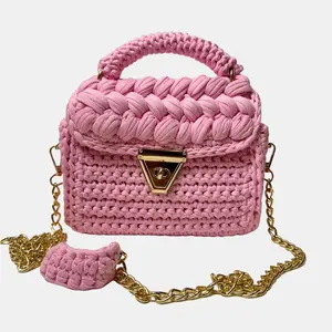 Handcrafted Woven Crochet Purse Pink Cotton Yarn Knitted With Chain Strap Shoulder Bag for Women's - Trendy, Cute & One-of-a-Kind