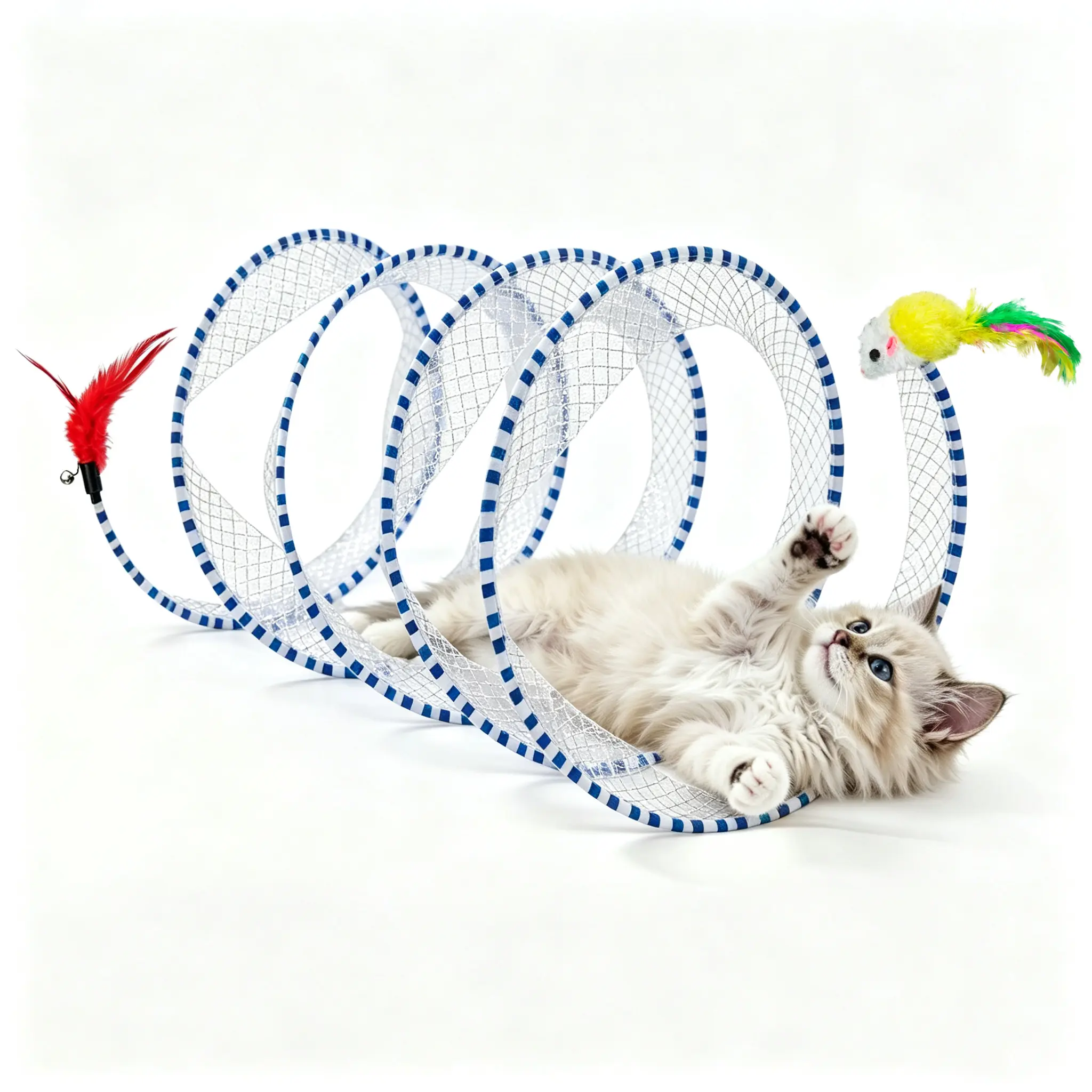 Tunnel Cat Toy, Cat Self Play Spiral Kitten Collapsible Spring Tunnel Toy for Indoor Cats with Feather and Bell, 20 Inches Unfolded，2 Color Options Available #SummerVibes #petlovers