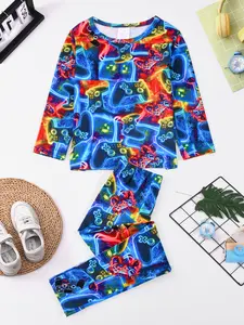 Boys' Round Neck Long Sleeve Set, Digital Print Gaming Console Pattern, Game Controller Cartoon Print, Casual Comfortable Home Wear, Print Sleepwear, Round Neck Pajamas