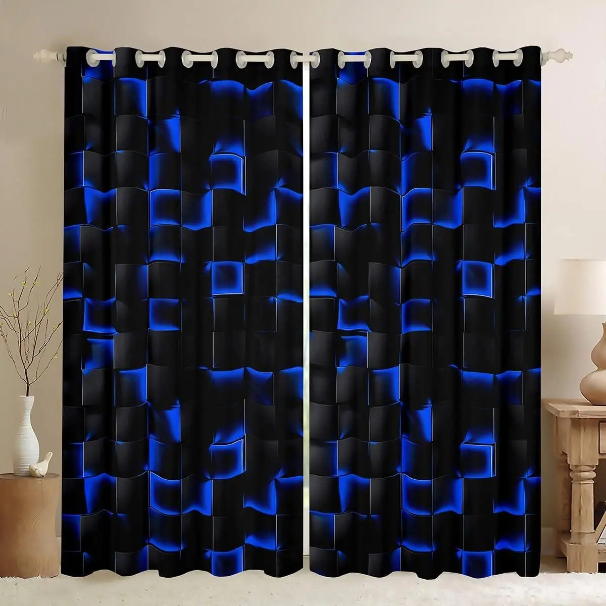 Neon Black Blue Boys Blackout Curtains Geometric Checkered Kids Window Curtains Teen Men Gaming Room Decor,Abstract Ombre Plaid Grids Window Treatments Drapes 2 Panels