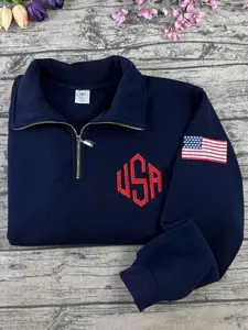 USA Embroidered Quarter Zip Sweatshirt, USA Flag Sleeve Design, USA Quarter Zip Embroidered Sweatshirt