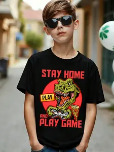 Player Exclusive Dinosaur Game Slogan Boy Toddler T-Shirt, Fun Crazy Dinosaur Holding Controller, Loose Fit, Stay Home Play Game