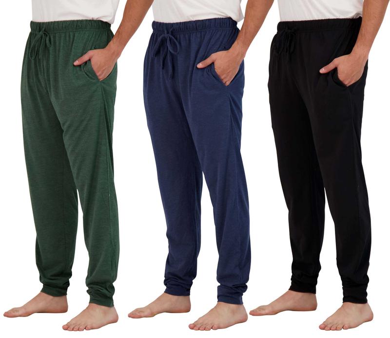 Real Essentials 3 Pack: Men's Cotton Jersey Soft Jogger Sleep Lounge Pajama Drawstring & Pockets (Available in Big & Tall)