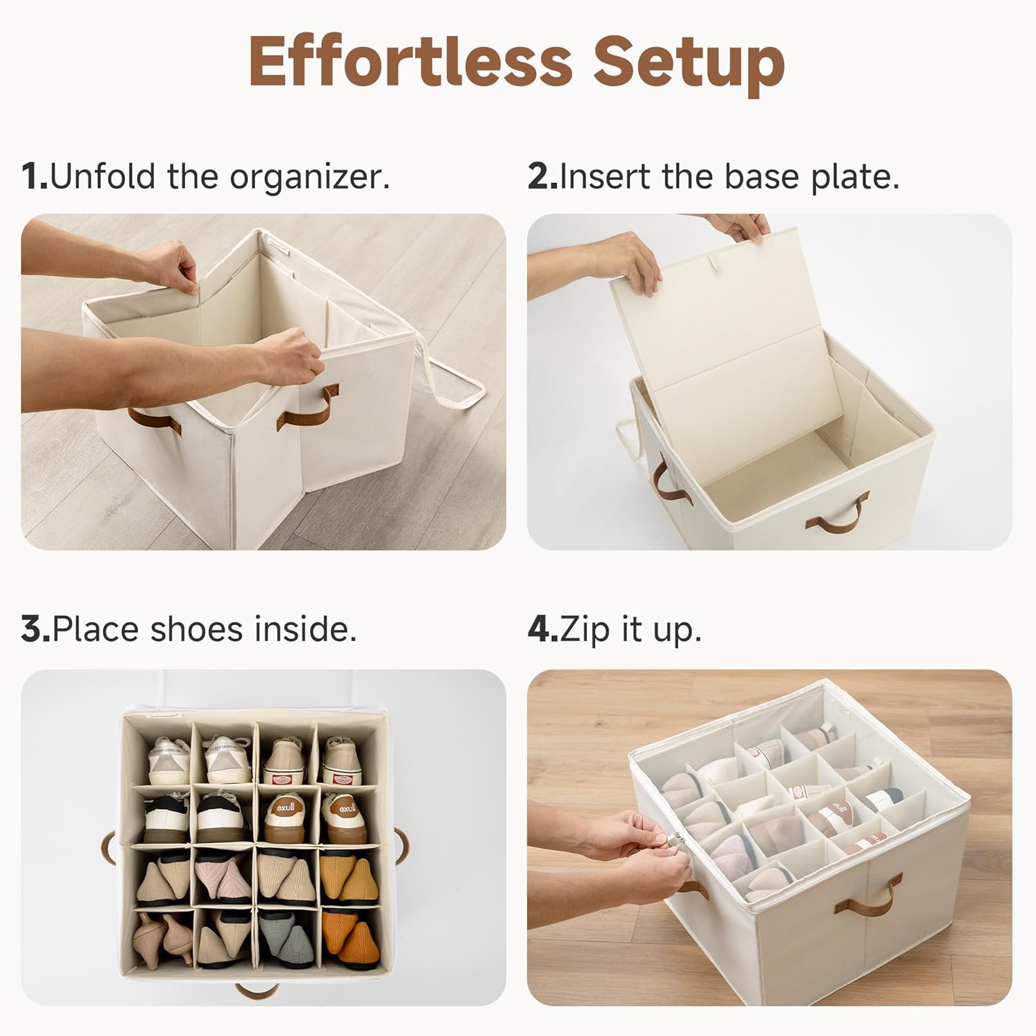 Shoe Storage Box Organizer with Adjustable Dividers, Transparent Cover, Handles on 3 Sides, Beige, 17x17x12.5 Inches